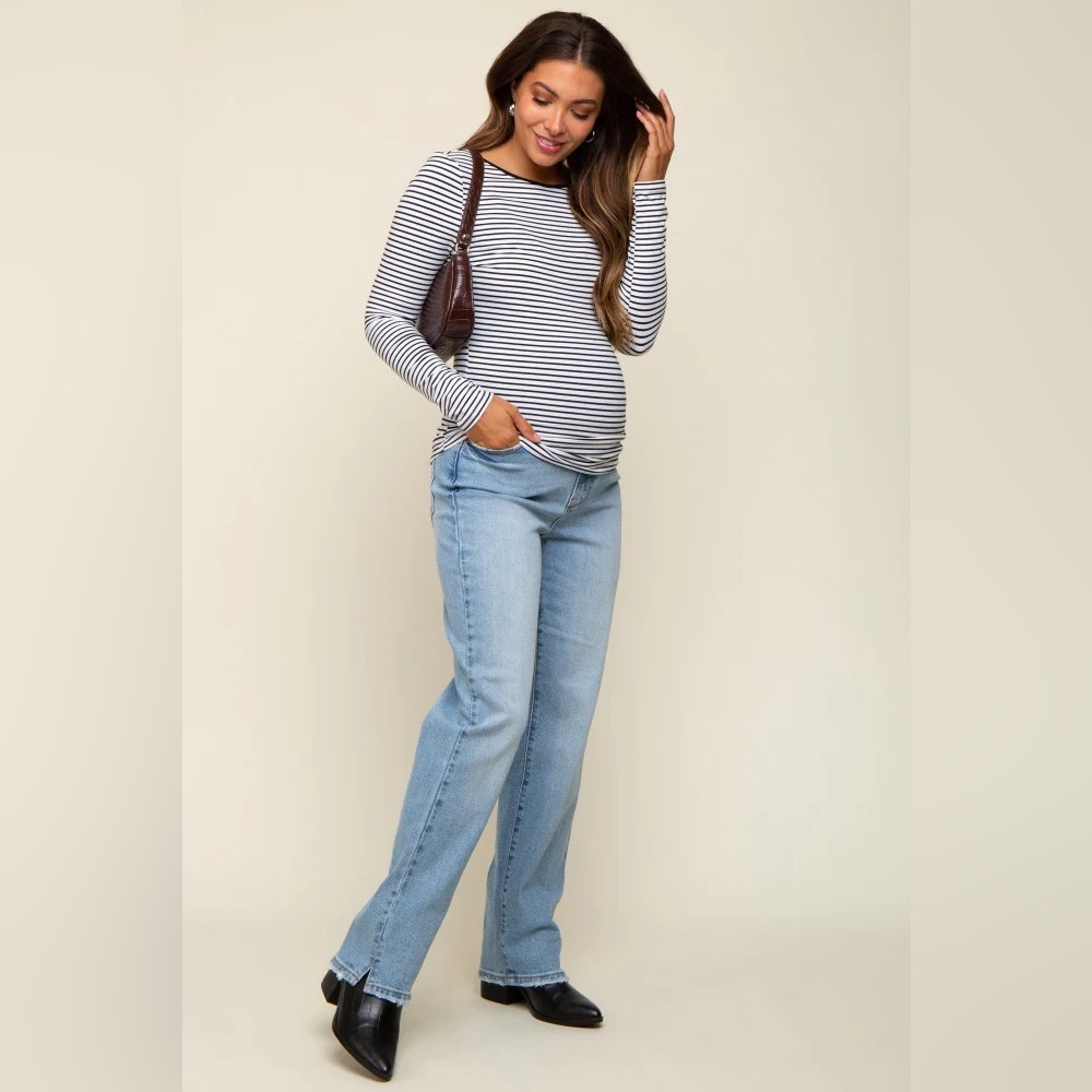 ▪️Pinkblush Light Blue Straight Leg Distressed Split Hem Maternity Jeans - Picture 2 of 12